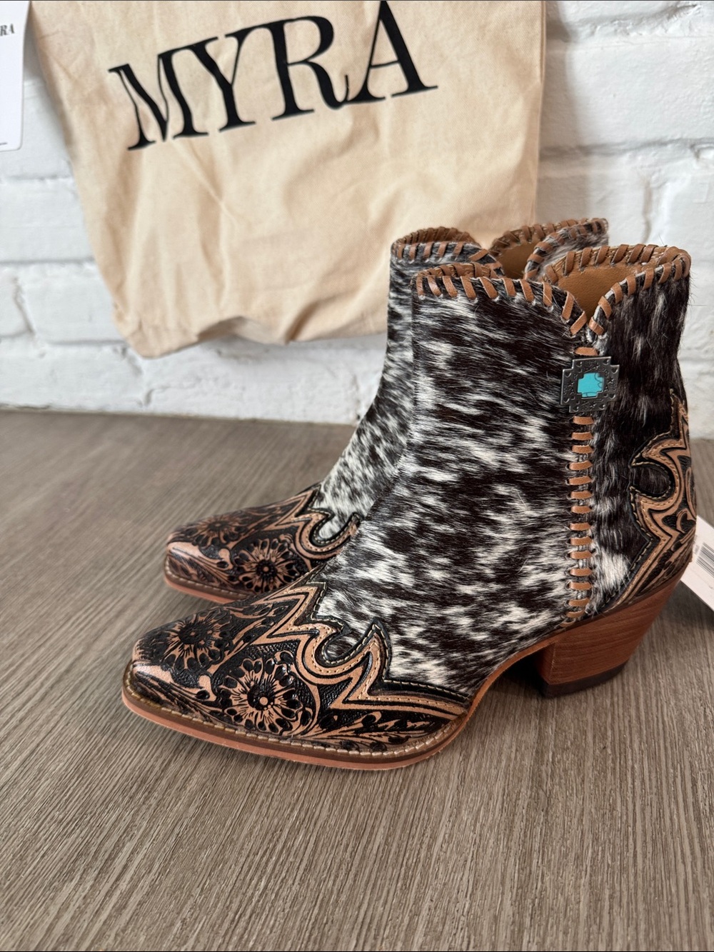 Myra Bag Black & White Haircalf Western Embossed Ankle Boots